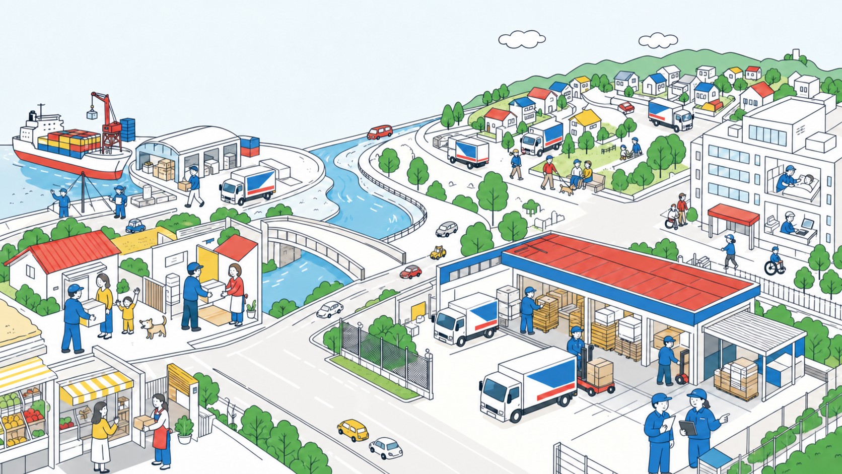 物流が倉庫や港から地域の暮らしへつながるイラスト