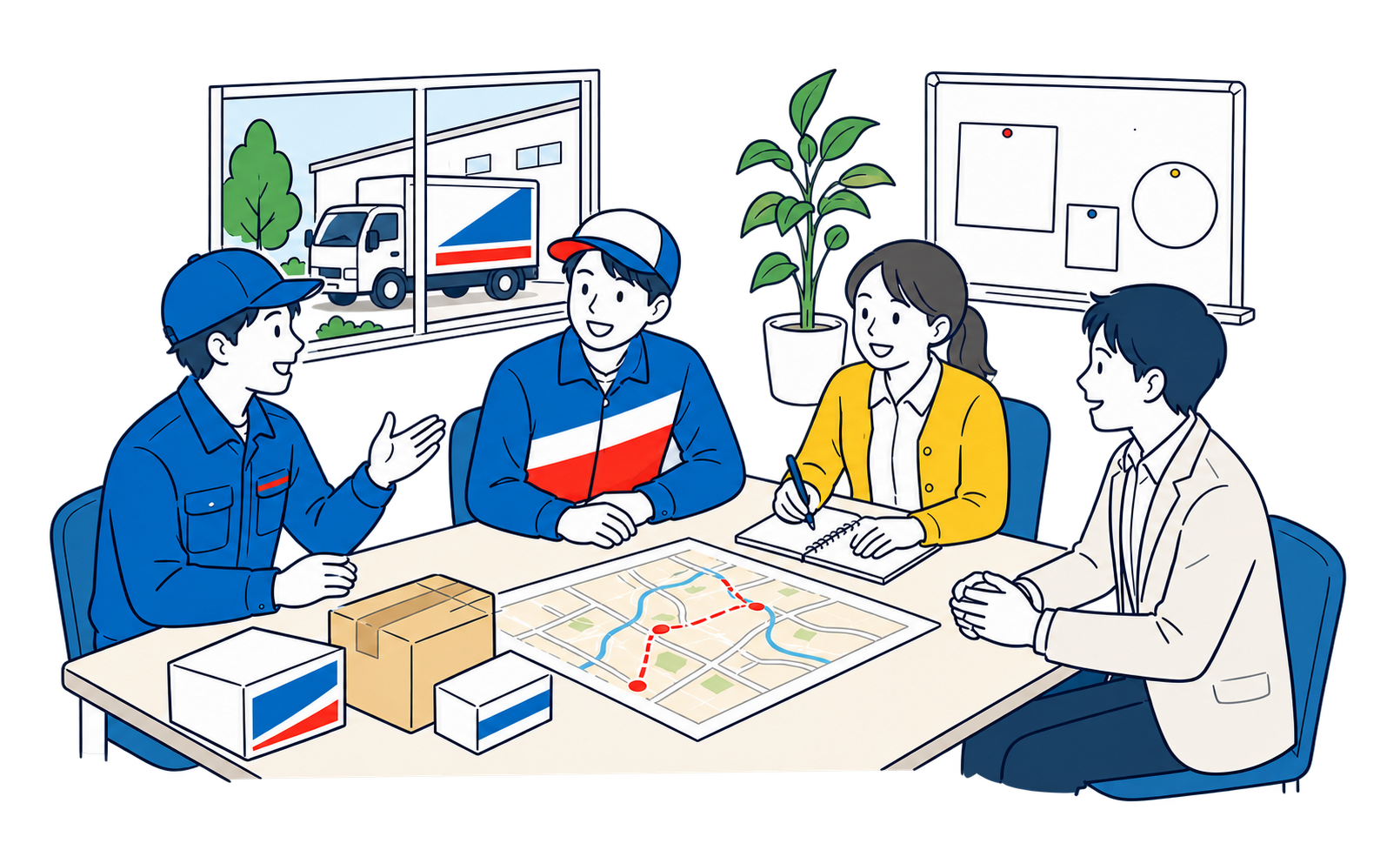 物流の仕事について社員と話す会社説明会のイラスト